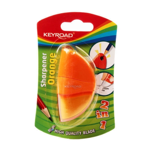 Imagen de Sacapuntas de plástico naranja Keyroad 1 orificio con cuchilla de metal + goma + depósito, 1 unidad en blíster – Modelo KR971136