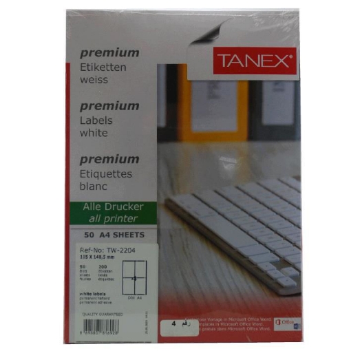 Picture of White Computer Labels 50 A4 Sheets 4 Labels/Sheet 105x148.5mm - Tanex TW-2204