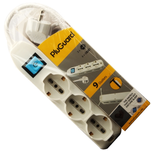 Image de Barre d'alimentation électrique avec interrupteur 9 prises 2 mètres 16A 250V blanc pluGuard