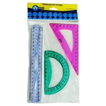 Zeige Details für Geometrieset, 3-teilig (Dreieck + 20 cm Lineal + Winkelmesser) Mehrfarbig – Ark 023 Bild von Geometrieset, 3-teilig (Dreieck + 20 cm Lineal + Winkelmesser) Mehrfarbig – Ark 023