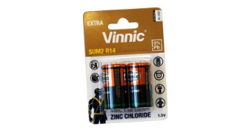 Mostrar detalles de Batería mediana de cloruro de zinc Vinnic en tarjeta 2 piezas – Modelo SUM2 R14 Imagen de Batería mediana de cloruro de zinc Vinnic en tarjeta 2 piezas – Modelo SUM2 R14