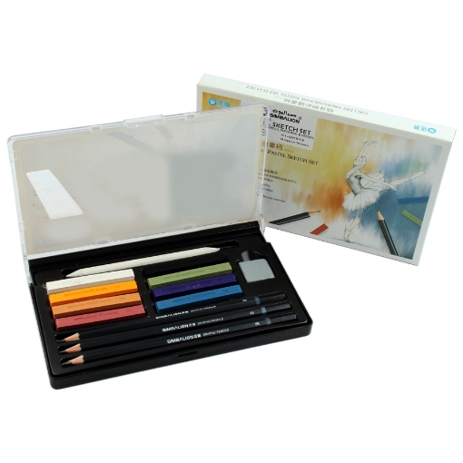 Picture of Pastel Sketch Set Plastic Box 13 Pieces Pencils Gradients + Pastel colors + Sharpening Pen + Eraser - Simbalion 01- GPS 12