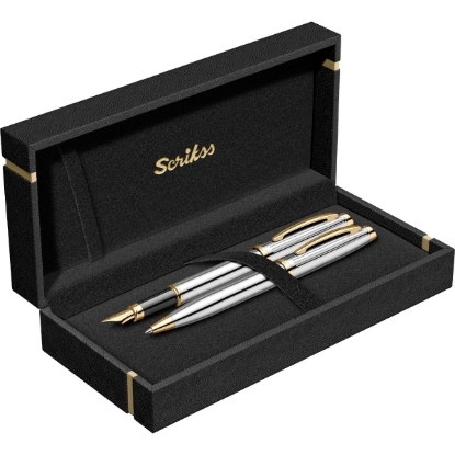 Picture of SCRIKSS OSCAR PEN + FOUNTAIN PEN + 3 CARTRIDGES SET 39 GOLD CHROME IN PREMIUM BOX MODEL 66895  