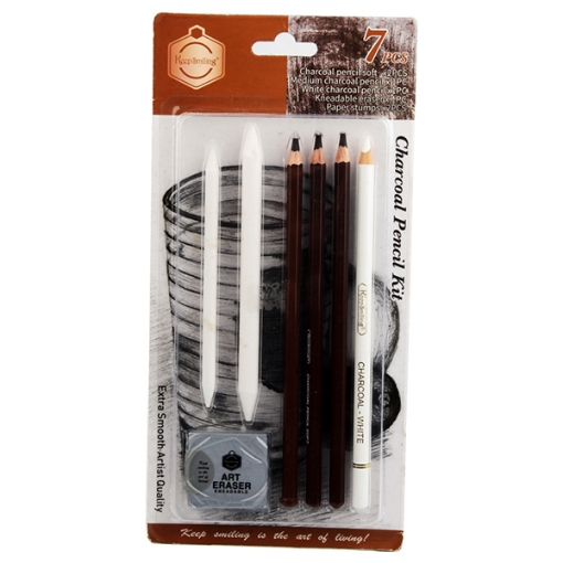 Imagen de Juego de 7 piezas 3 lápices de carbón negro + 1 lápiz de carbón blanco + 2 lápices difuminadores + borrador de carbón en tarjeta - Keep Smiling Modelo TB-1109