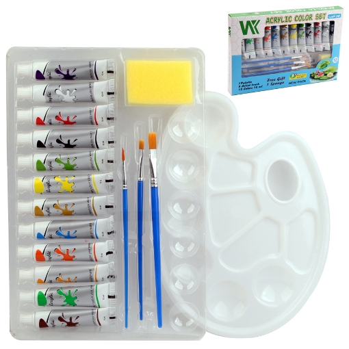 Bild von Acrylfarben-Set 12 ml Tuben, 12 Farben Set + Mischpalette + 3 Pinsel + Schwamm – Modell 7012A