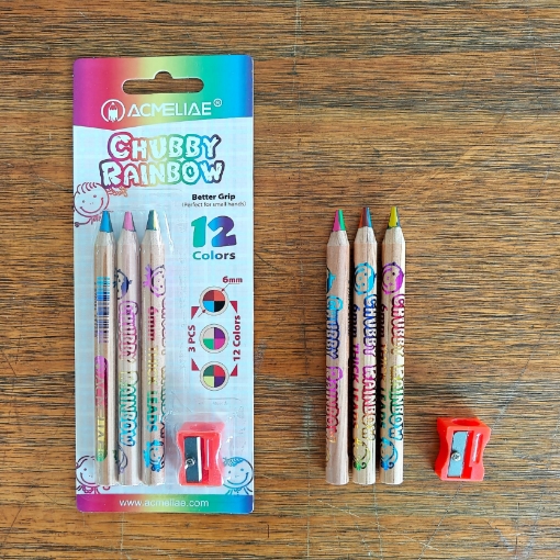 Image de Crayons de couleur ronds Acmeliae – 3 crayons avec 12 couleurs + taille-crayon – Modèle 43069
