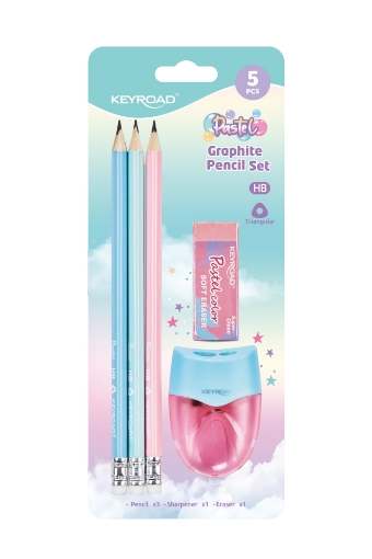 Image de Set de crayons pastel Keyroad – 3 pièces + gomme + taille-crayon à 2 trous avec réservoir – Modèle KR972782