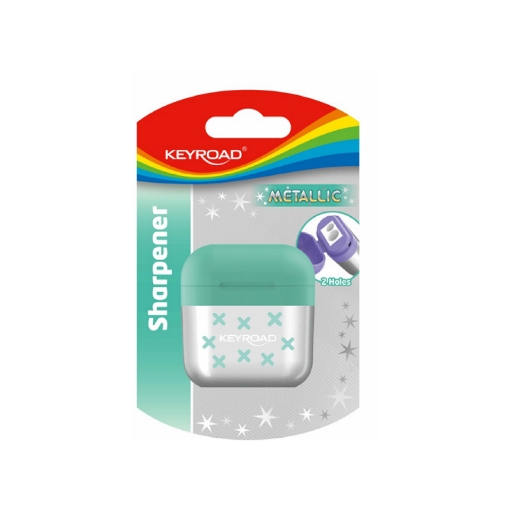 Image de Taille-crayon métallique double ouverture Keyroad avec réservoir, blister, forme AirPods – Modèle KR972930