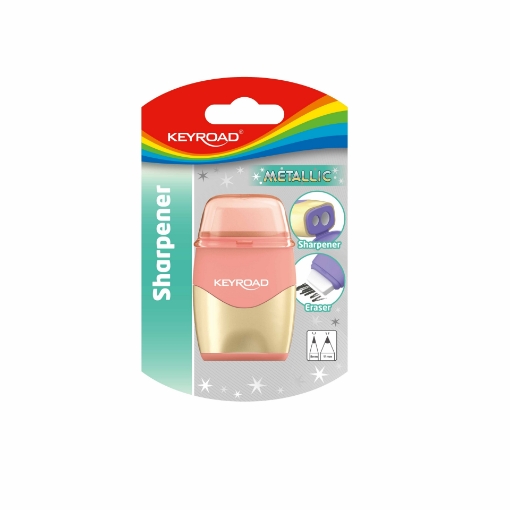 Image de Taille-crayon Keyroad Métallique – 2 trous avec réservoir + gomme – Carte blister 1 pièce – Modèle KR972934