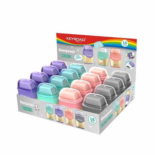Image de Taille-crayon métallique Keyroad – Double ouverture avec réservoir + gomme – Modèle KR972935