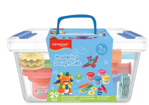 Imagen de Plastilina en piezas Keyroad – Caja de plástico con 6 tarros (110g cada uno) + rodillo + cuchillo de modelado + 3 ruedas de corte + 16 moldes – Modelo KR972333
