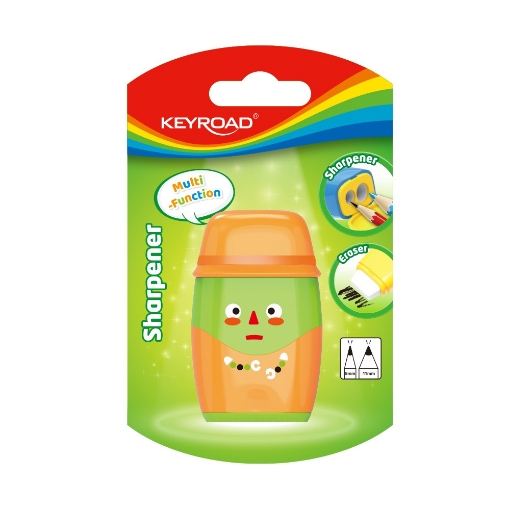 Picture of Plastic sharpener, 2 holes with container + eraser, card 1 piece – Keyroad Model KR972118