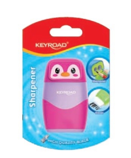 Picture of Plastic sharpener, 2 holes with container + eraser, card 1 piece – Keyroad Model KR973261