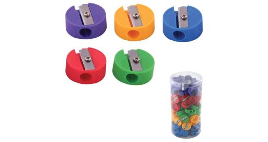 صورة براية بلاستيك متعددة الألوان بفتحة واحدة وشفرة معدنية حادة شكل دائري – أرك 047