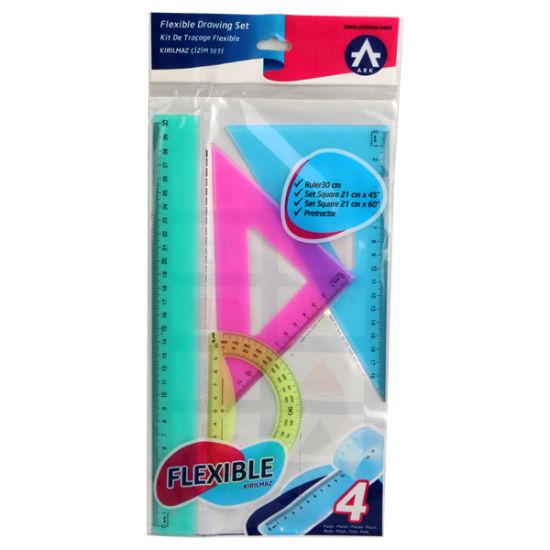 صورة طقم رسم هندسي بلاستيك مرن 4 قطع متعدد الألوان– أرك 6001